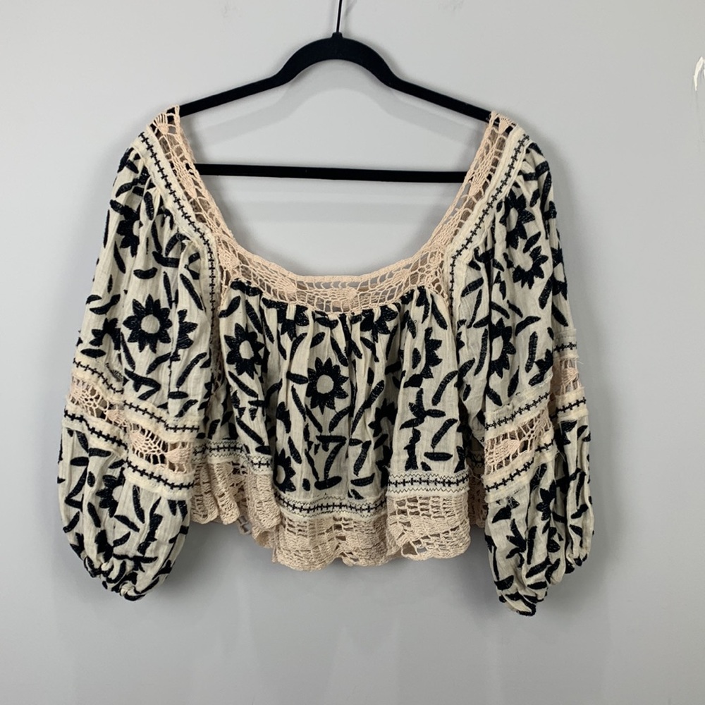 Free People Soleil Cotton Embroidery Crochet Trim Boho Top - Picture 4 of 16